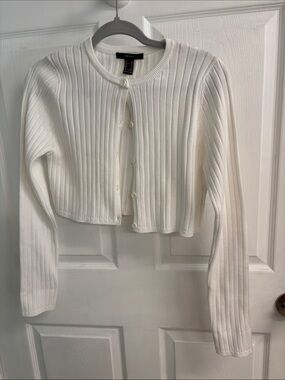 Forever 21 White Ribbed Cropped Button-Up Cardigan